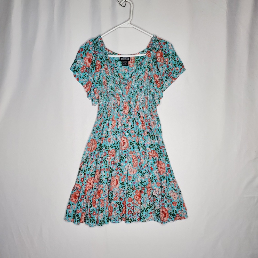 Angie Smocked Flutter Floral Empire Mini Dress Medium Milkmaid Coquette Fairy